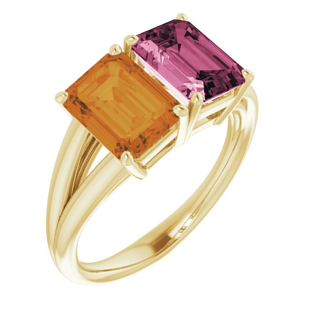 Emerald Pink Tourmaline Two Stone Ring in Yellow Gold