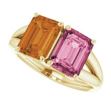 Emerald Pink Tourmaline Two Stone Ring in Yellow Gold