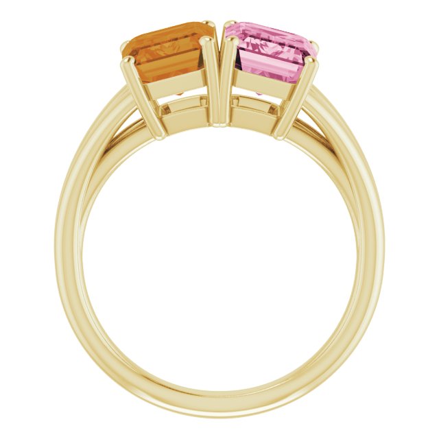 Emerald Pink Tourmaline Two Stone Ring in Yellow Gold