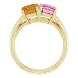 Emerald Pink Tourmaline Two Stone Ring in Yellow Gold