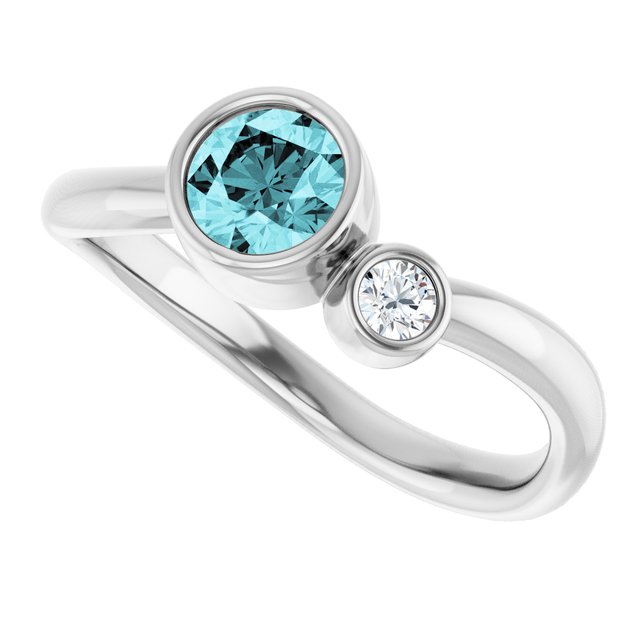 Round Blue Zircon & Diamond Two Stone Ring in White Gold