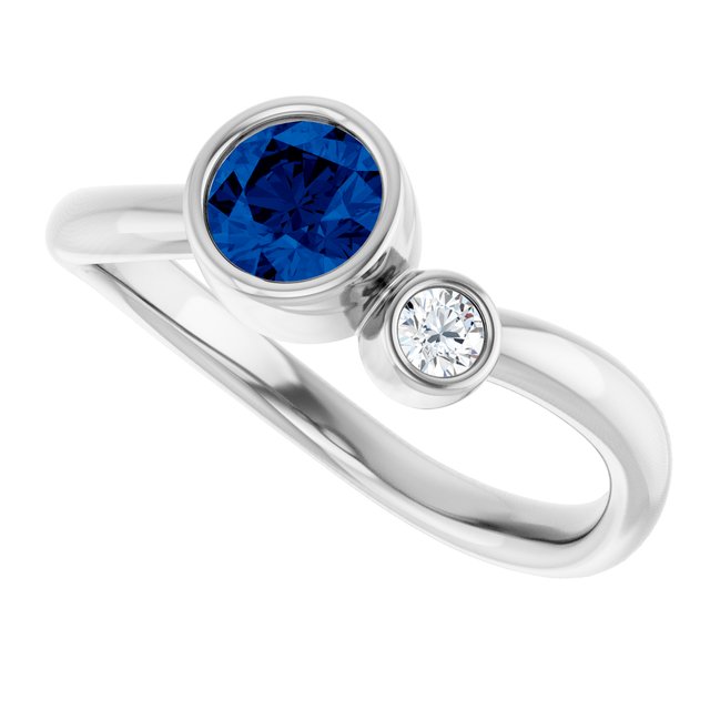 Round Blue Sapphire & Diamond Two Stone Ring in White Gold