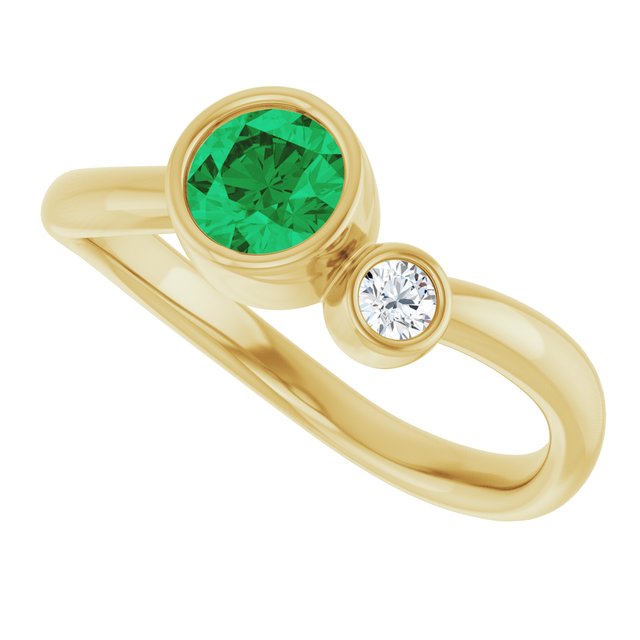 Round Lab-Grown Emerald & Diamond Two Stone Ring in Yellow Gold
