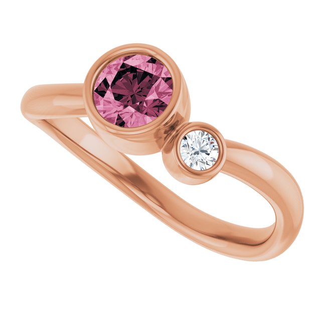 Round Pink Tourmaline Two Stone Ring with Diamond Accents in Gold