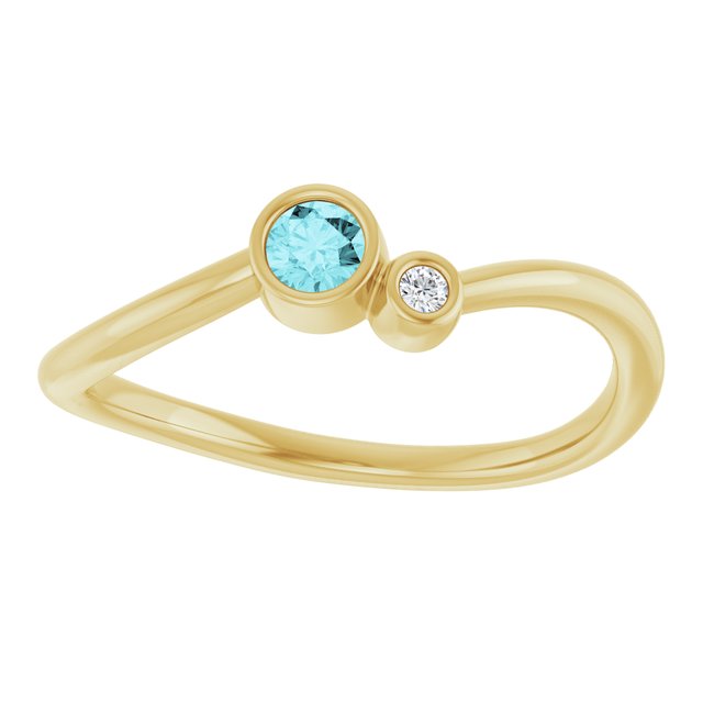 Round Blue Zircon & Diamond Two Stone Ring in Yellow Gold