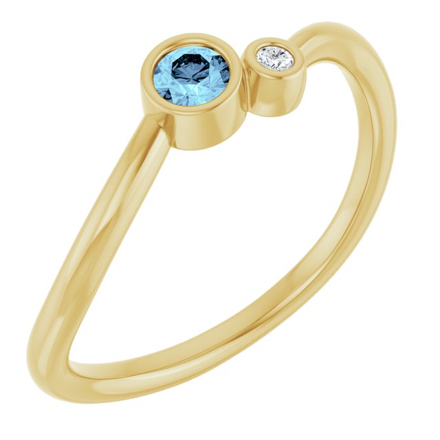 Round Aquamarine & Diamond Two Stone Ring in Yellow Gold