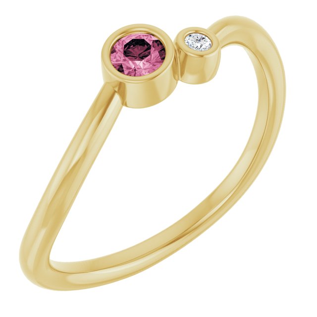 Round Pink Tourmaline & Diamond Two Stone Ring in Yellow Gold
