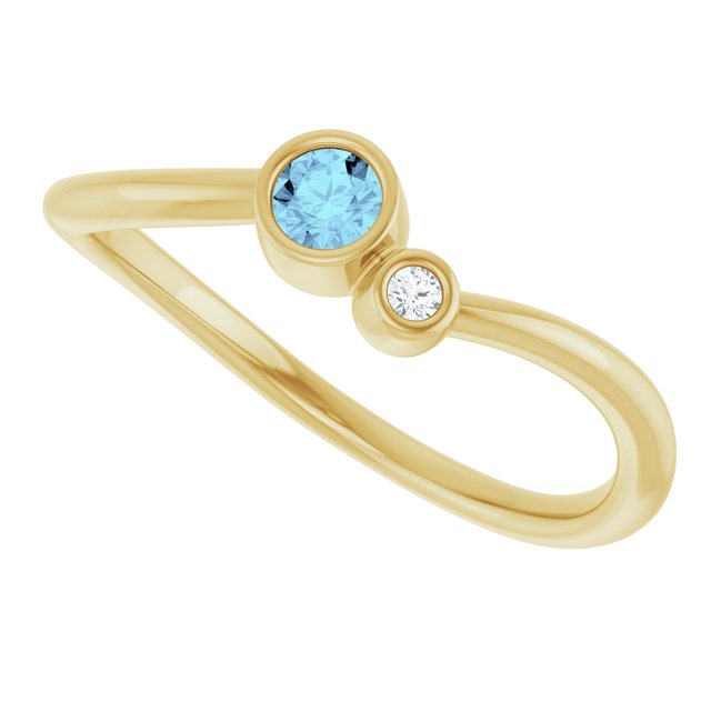 Round Aquamarine & Diamond Two Stone Ring in Yellow Gold