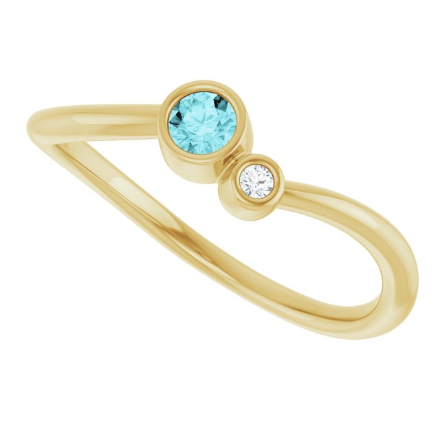 Round Blue Zircon & Diamond Two Stone Ring in Yellow Gold