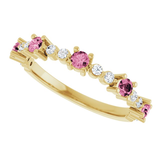 Round Pink Tourmaline & Diamond Stackable Ring in Yellow Gold