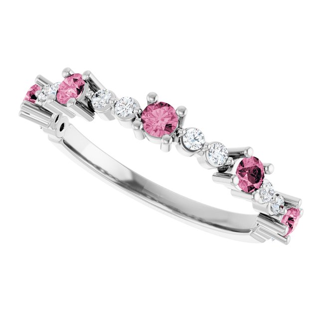 Round Pink Tourmaline & Diamond Stackable Ring in White Gold