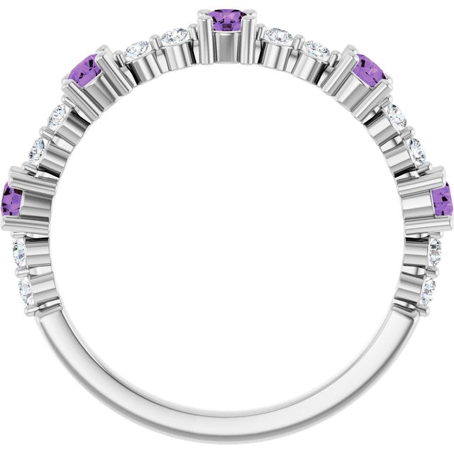 Round Amethyst Stackable Ring with Diamond Accents in White Gold
