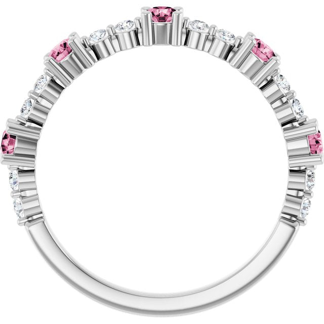 Round Pink Tourmaline & Diamond Stackable Ring in White Gold