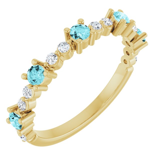 Round Blue Zircon & Diamond Stackable Ring in Yellow Gold