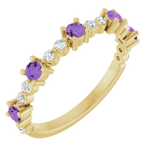 Round Amethyst Stackable Ring with Diamond Accents in Yellow Gold