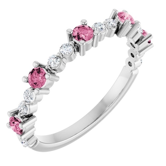 Round Pink Tourmaline & Diamond Stackable Ring in White Gold