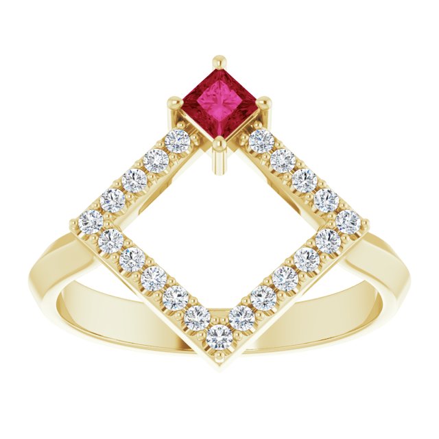 Square Ruby Accented Ring with Diamond Accents in Yellow Gold