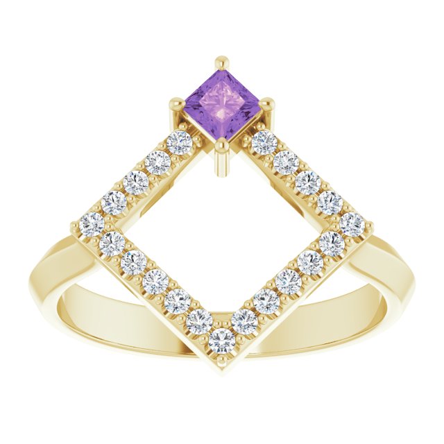 Square Amethyst Accented Ring with Diamond Accents in Yellow Gold
