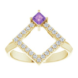Square Amethyst Accented Ring with Diamond Accents in Yellow Gold