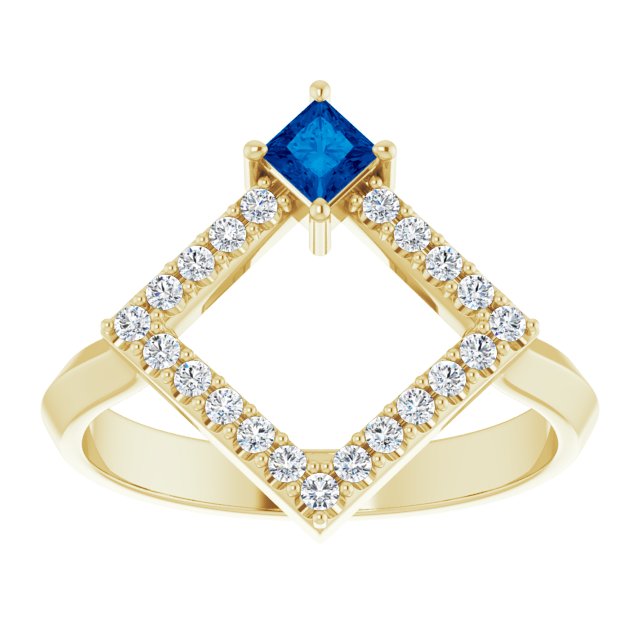 Square Blue Sapphire & Diamond Accented Ring in Yellow Gold