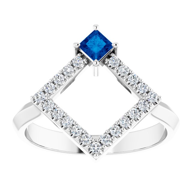 Square Blue Sapphire Accented Ring with Diamond Accents in Platinum