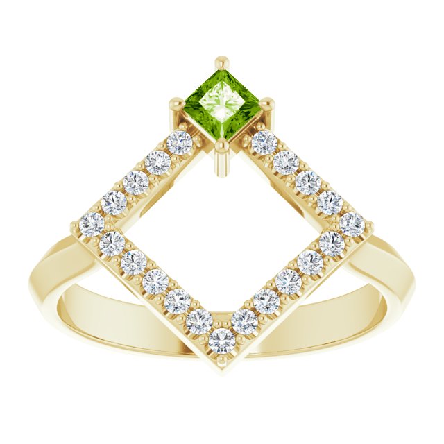 Square Peridot Accented Ring with Diamond Accents in Yellow Gold