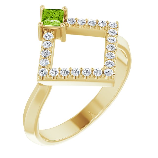 Square Peridot Accented Ring with Diamond Accents in Yellow Gold