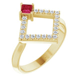 Square Ruby Accented Ring with Diamond Accents in Yellow Gold