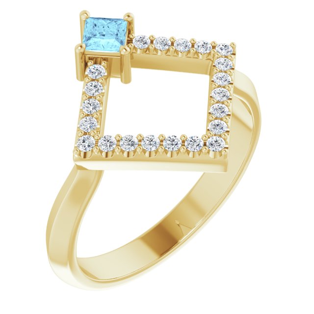 Square Aquamarine & Diamond Accented Ring in Yellow Gold