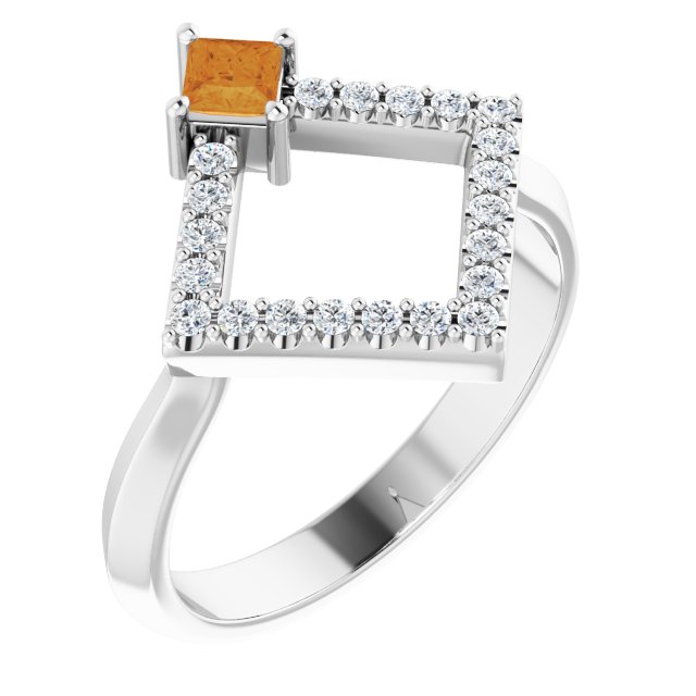 Square Citrine Accented Ring with Diamond Accents in White Gold