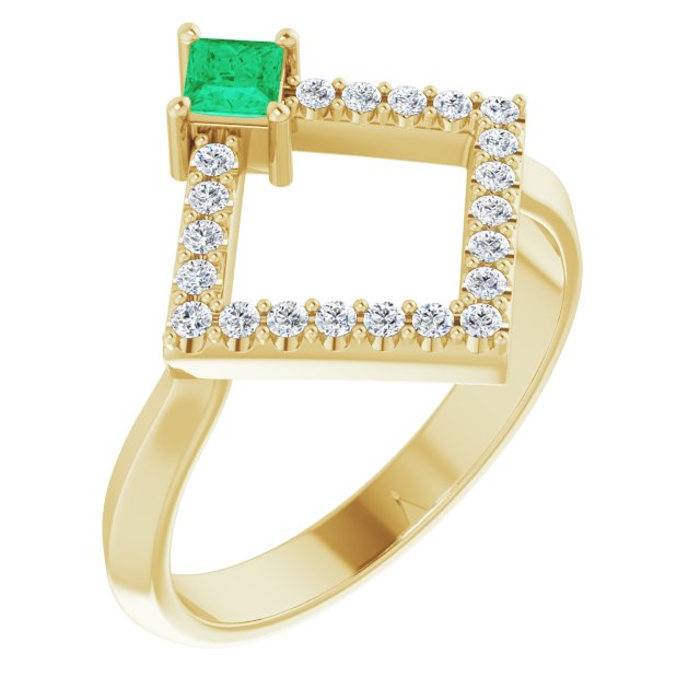Square Emerald Accented Ring with Diamond Accents in Yellow Gold