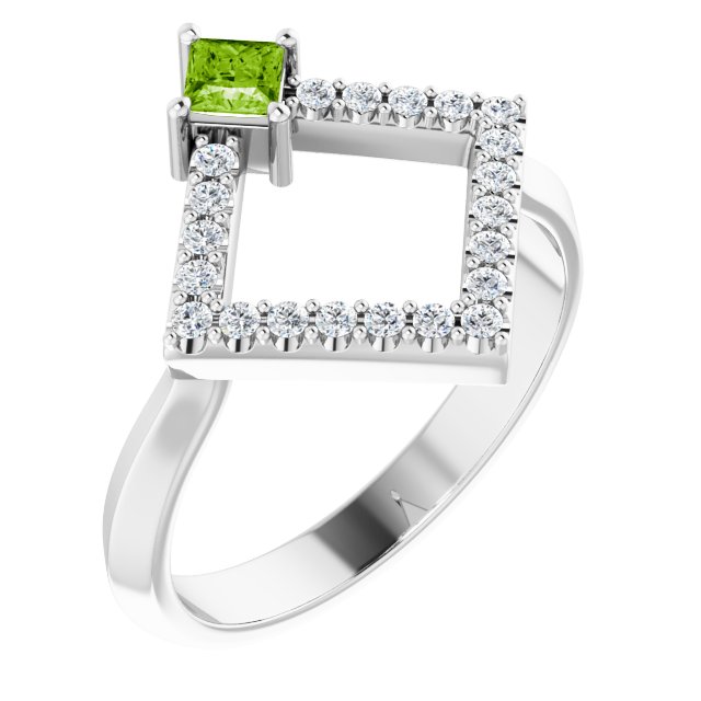 Square Peridot Accented Ring with Diamond Accents in White Gold