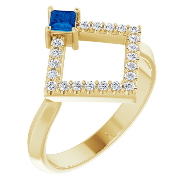 Square Blue Sapphire & Diamond Accented Ring in Yellow Gold