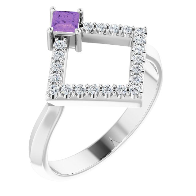 Square Amethyst Accented Ring with Diamond Accents in Platinum