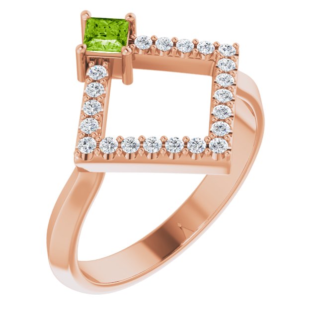 Square Peridot Accented Ring with Diamond Accents in Rose Gold