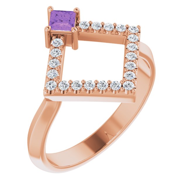 Square Amethyst Accented Ring with Diamond Accents in Rose Gold