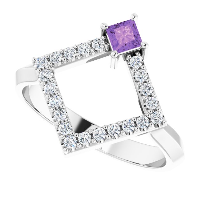Square Amethyst Accented Ring with Diamond Accents in White Gold