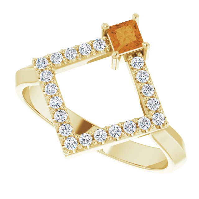 Square Citrine Accented Ring with Diamond Accents in Yellow Gold