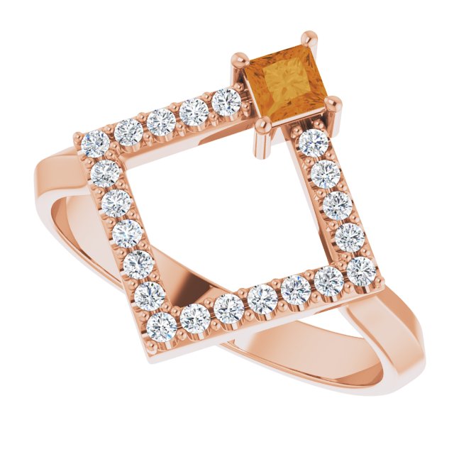 Square Citrine Accented Ring with Diamond Accents in Rose Gold