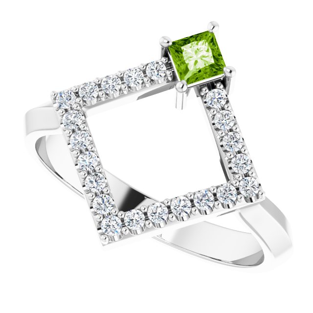 Square Peridot Accented Ring with Diamond Accents in White Gold