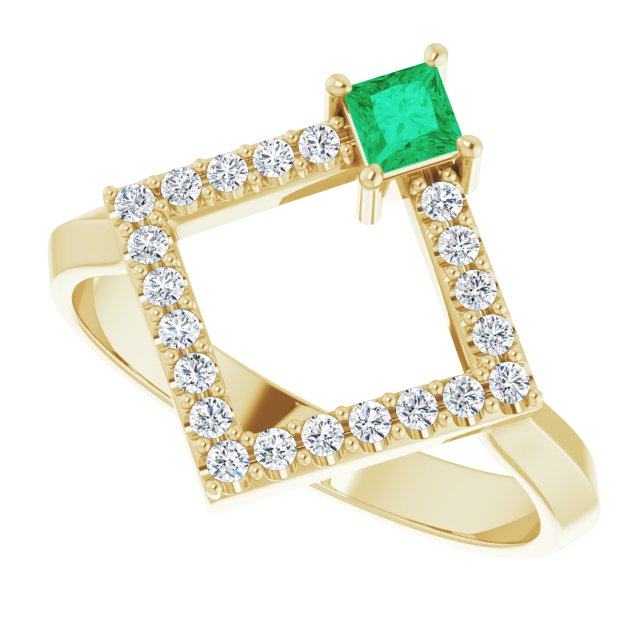 Square Emerald Accented Ring with Diamond Accents in Yellow Gold