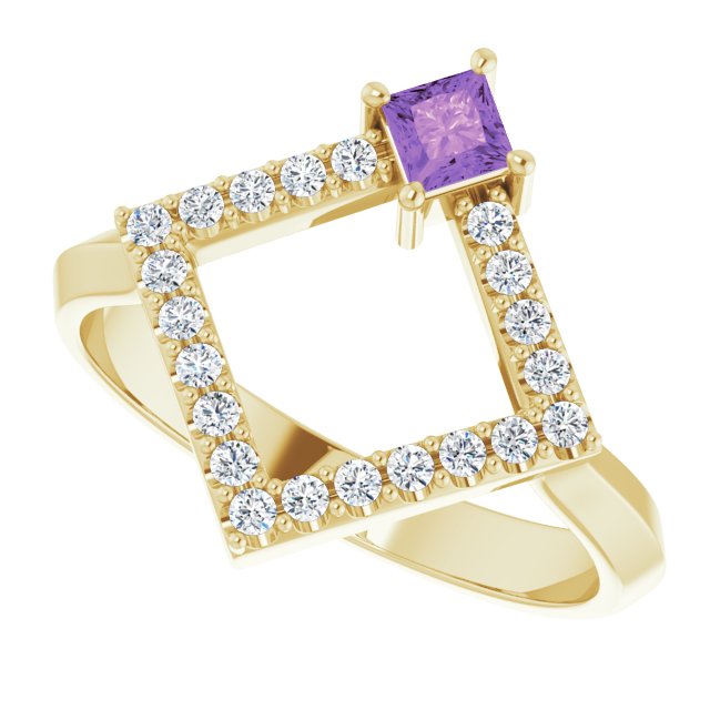 Square Amethyst Accented Ring with Diamond Accents in Yellow Gold