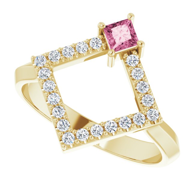Square Pink Tourmaline & Diamond Accented Ring in Yellow Gold