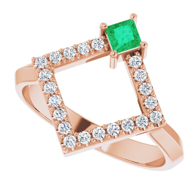 Square Emerald Accented Ring with Diamond Accents in Rose Gold