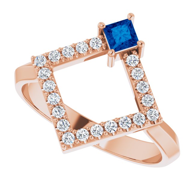 Square Blue Sapphire & Diamond Accented Ring in Rose Gold