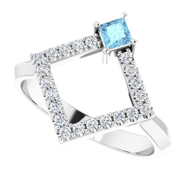 Square Aquamarine Accented Ring with Diamond Accents in White Gold