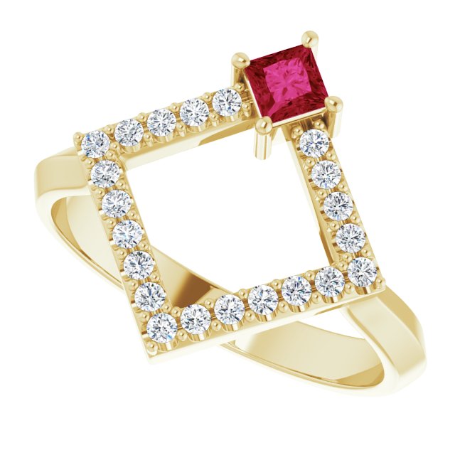 Square Ruby Accented Ring with Diamond Accents in Yellow Gold