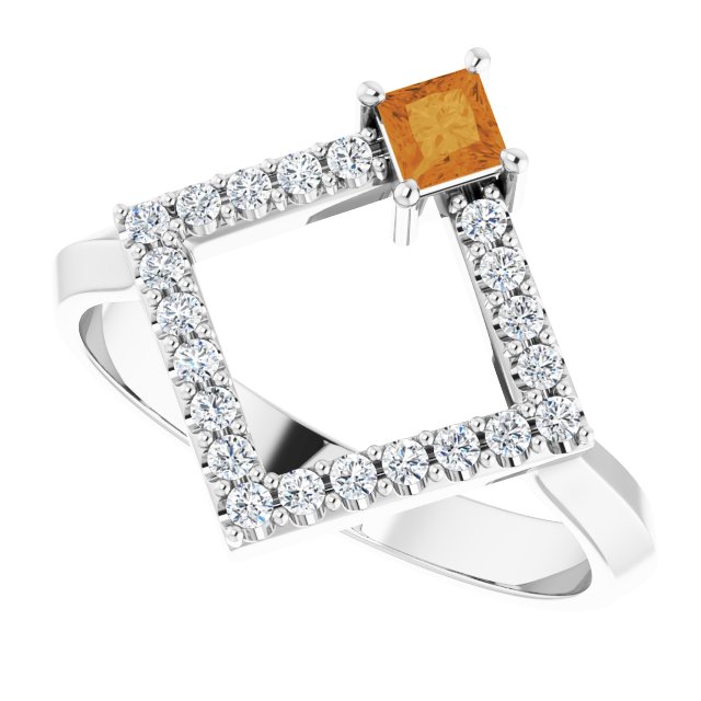 Square Citrine Accented Ring with Diamond Accents in White Gold