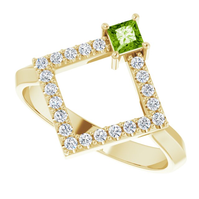 Square Peridot Accented Ring with Diamond Accents in Yellow Gold
