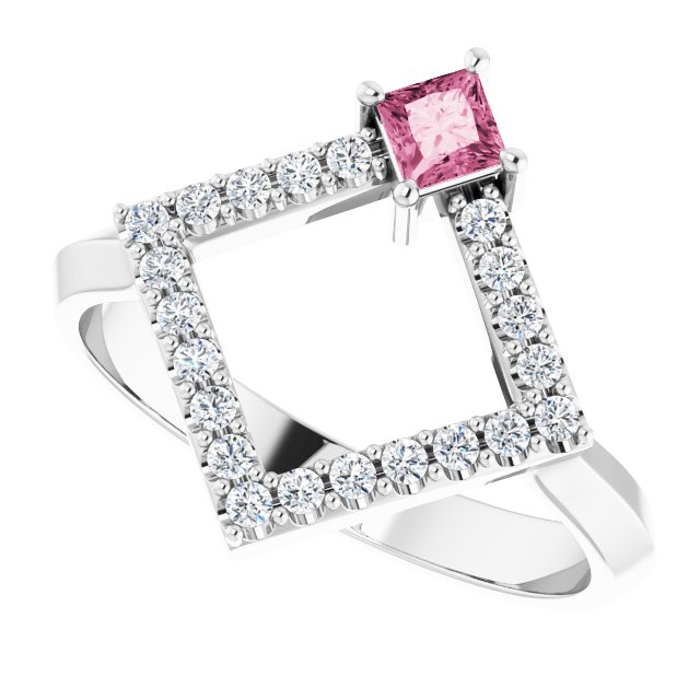Square Pink Tourmaline Accented Ring with Diamond Accents in Platinum